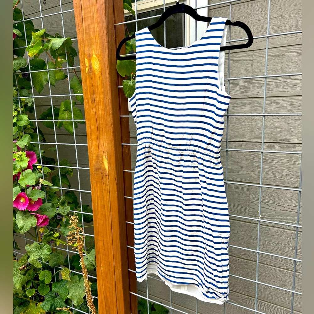 Navy and white striped silk J Crew mini dress